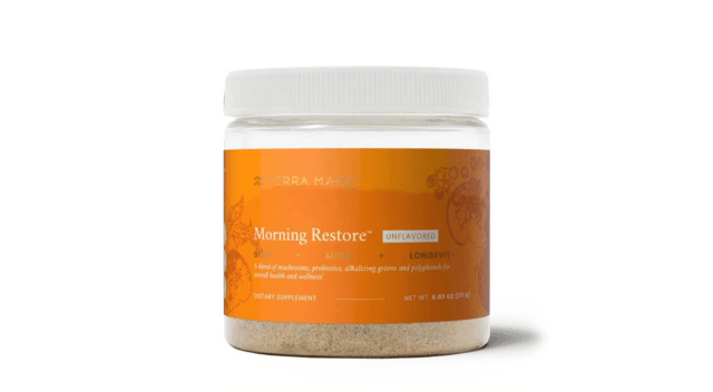 Jar of Morning Restore mushroom and prebiotic wellness powder by Terra Mare
