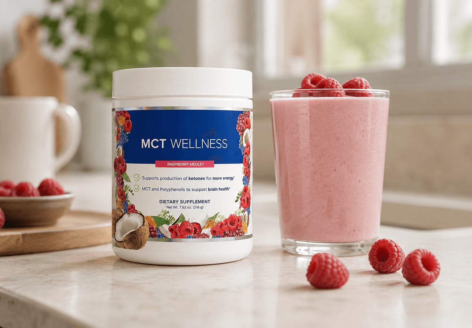 MCT Wellness raspberry medley jar beside a fresh smoothie on kitchen counter