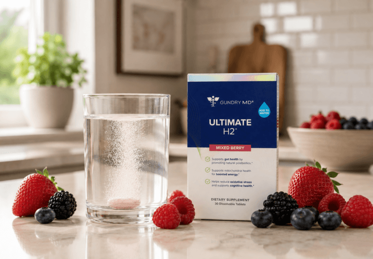 Ultimate H2 mixed berry box beside a glass of water and fresh berries