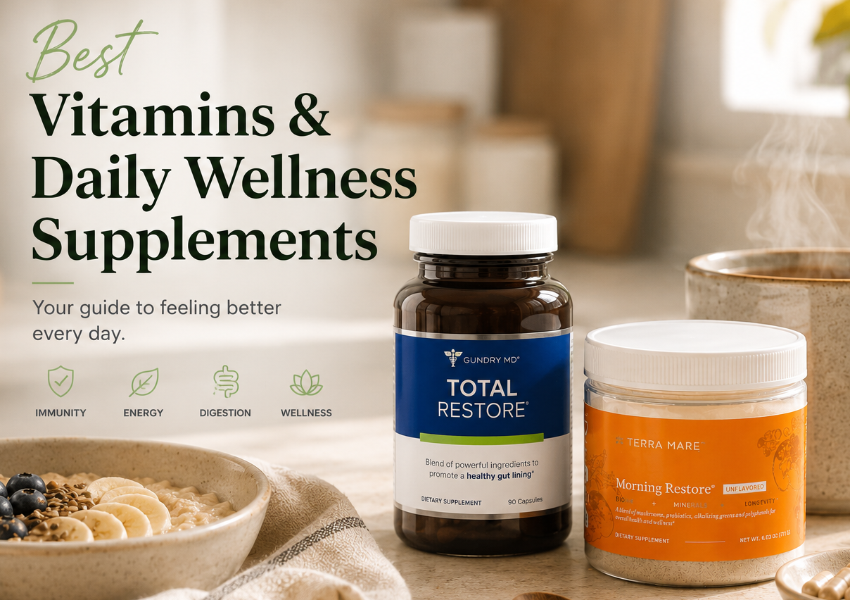 Best Vitamins & Daily Wellness Supplements guide featuring Total Restore and Morning Restore bottles
