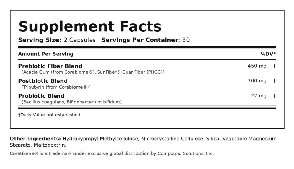 Bio Complete 3 Supplement Facts label showing prebiotic, postbiotic, and probiotic blend amounts