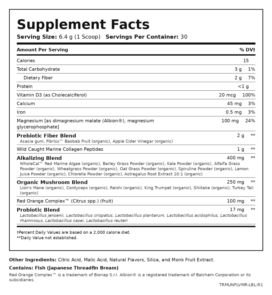 Morning Restore Supplement Facts label listing all ingredients and Contains: Fish warning