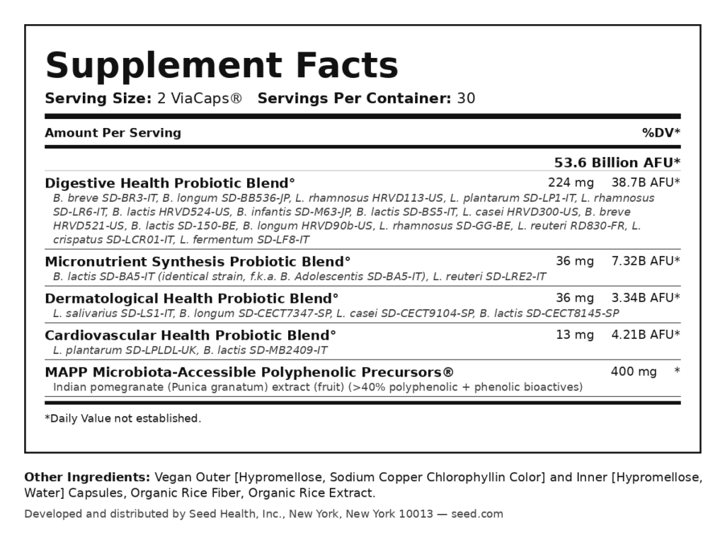 Seed Daily Synbiotic Supplement Facts label showing all four probiotic blends and AFU counts