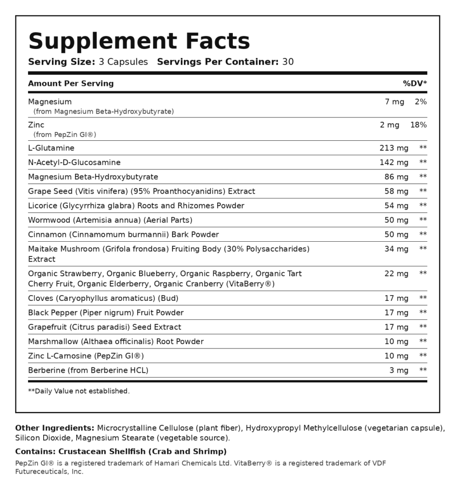 Total Restore Supplement Facts label listing all ingredients and Contains: Crustacean Shellfish warning