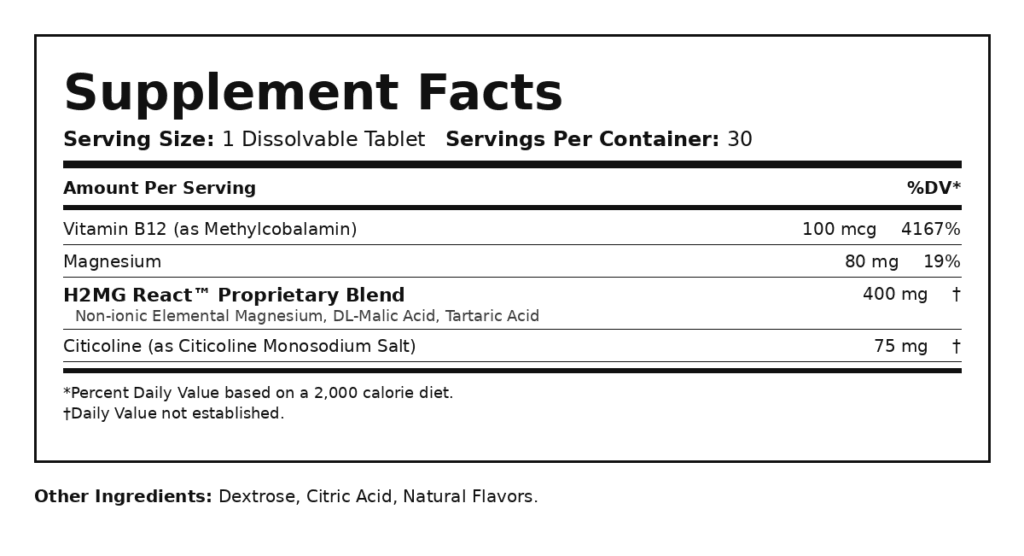 Ultimate H2 Supplement Facts label showing Vitamin B12, magnesium, and H2MG React blend amounts