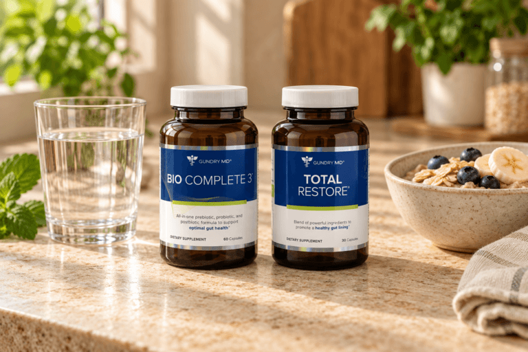 Bio Complete 3 and Total Restore bottles side by side on a stone countertop with a glass of water and a bowl of oats