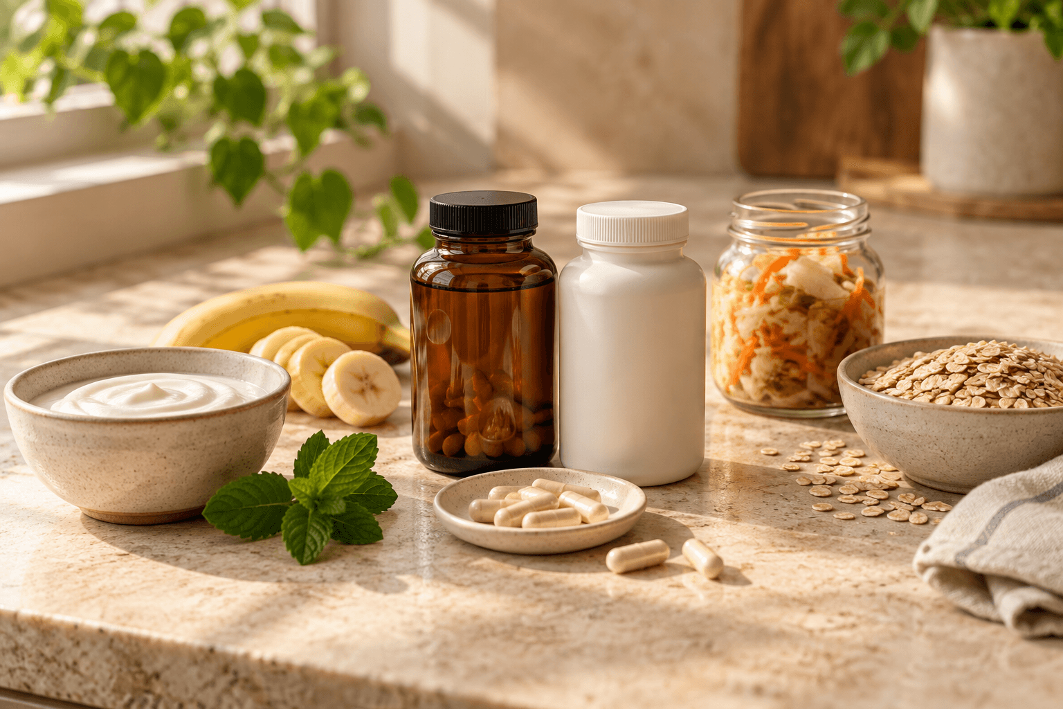 Two supplement bottles and capsules surrounded by yoghurt, banana, oats and fermented vegetables on a stone countertop